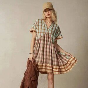 Plaid Ruffle Hem V-Neck Dress